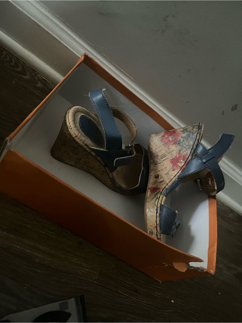 Nine West Navy Floral Cork Wedge Sandals